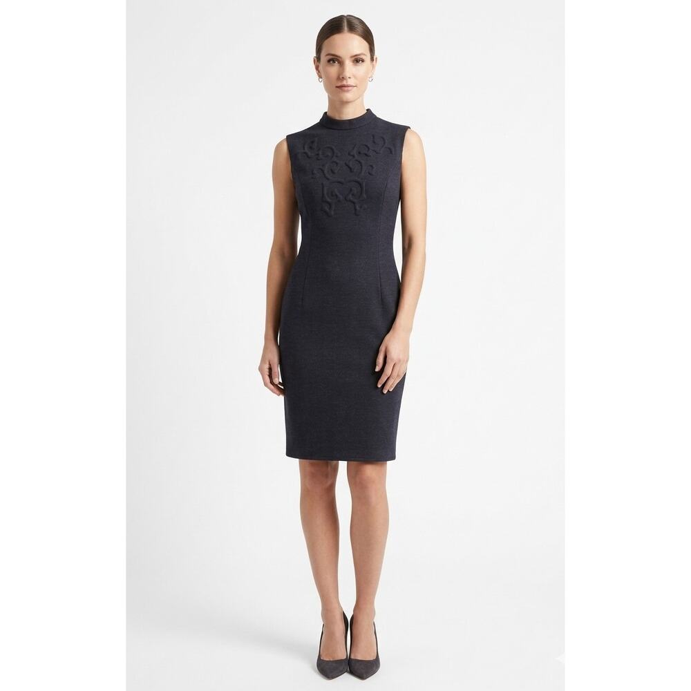 Oscar de la Renta Blue Wool Knit Sleeveless Dress Size 6 Italy Sheath Cocktail